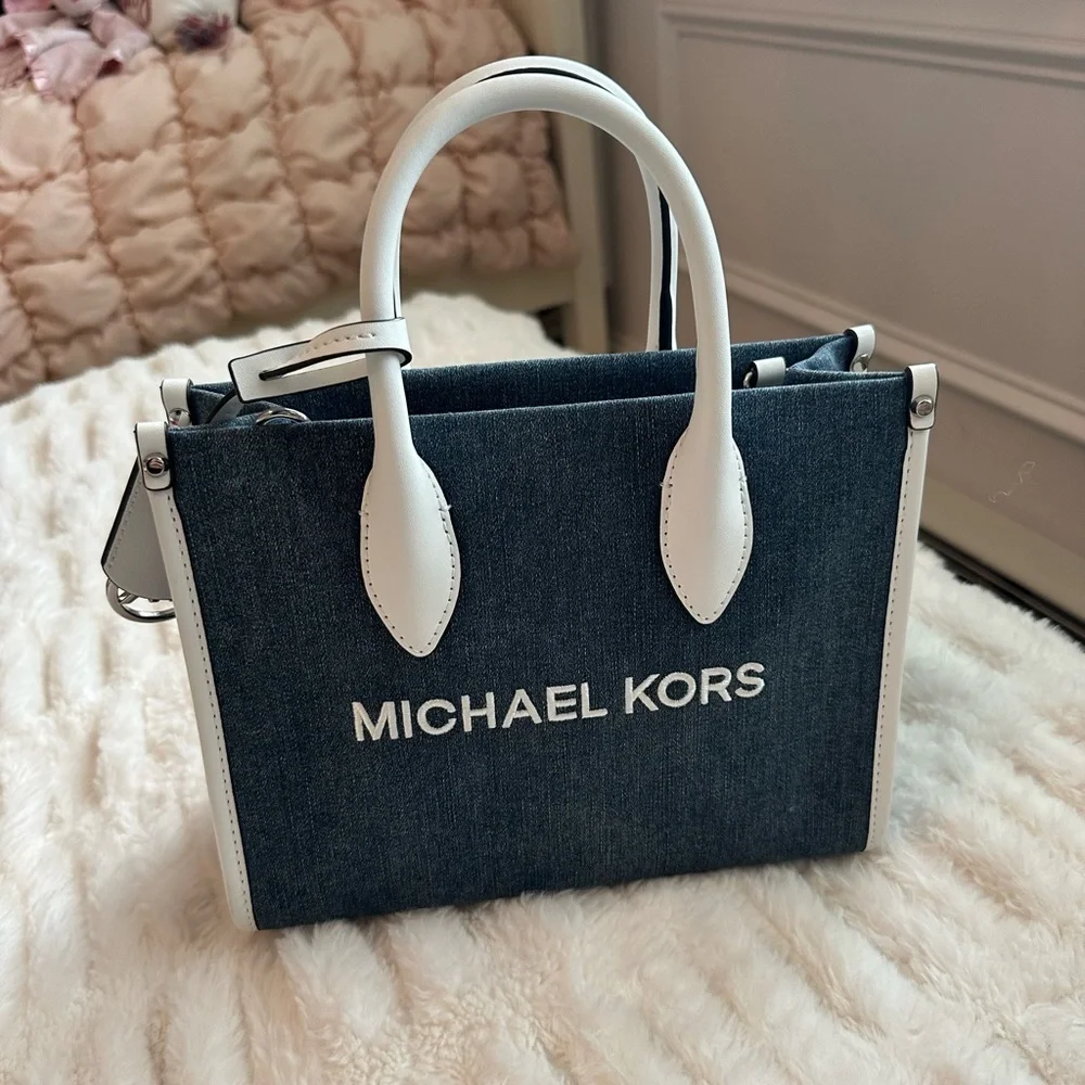Michael Kors Mirella Small Denim and White Tote Bag - Picture 2 of 9